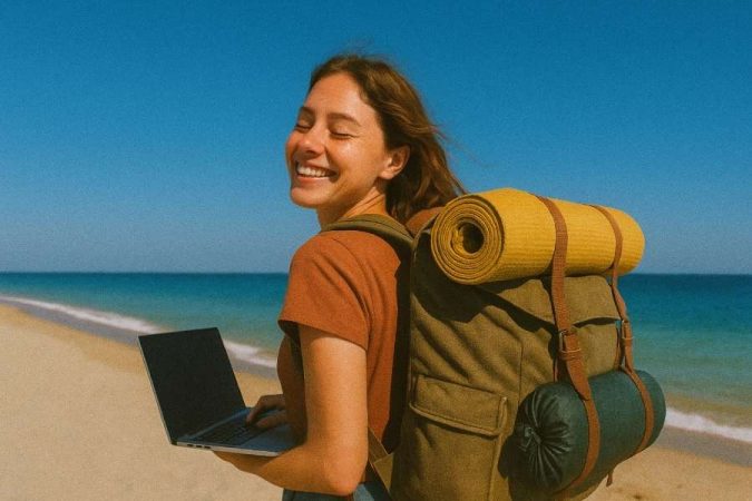 Happy female digital nomad working on laptop at beach with backpack from digital nomad hostels